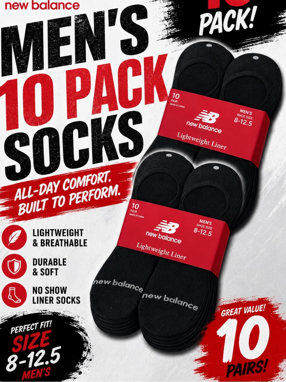 New Balance Men’s 10-Pack No-Show Socks - Black
